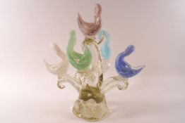 A Murano coloured glass table centrepiece in the form of five stylised swans on branches,