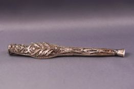 A silver plated filigree cigarette holder, decorated with Chinese style flowerheads and foliage,