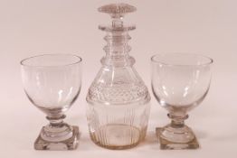 A pair of 19th century rummers, 13cm high, and a 19th century decanter and stopper,