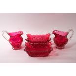 A pair of Victorian cranberry flash cut glass rectangular bowls and a pair of bowls