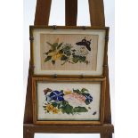 Two Chinese rice paper paintings of flowers, each with a butterfly and one with two insects,