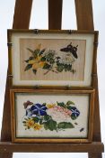 Two Chinese rice paper paintings of flowers, each with a butterfly and one with two insects,