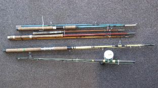 Five mixed fishing rods and a Garcia Mitchem 622 multiplier reel