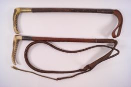 A riding crop with plated leather thong, leather covered shaft, silver collar and horn handle,