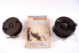 Two Allcock Aerialite fishing reels and an Allcocks 1969 anglers guide