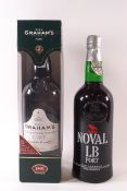 A boxed bottle of 1991 Graham's port and a bottle of Naval L B port