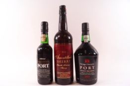 Two bottles of vintage character port and a bottle of sherry