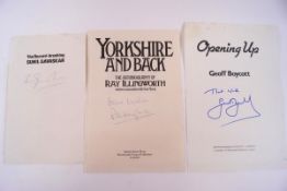 Three book page autographs by Geoff Boycott, Ray Illingworth and Sunil Gavaskar,