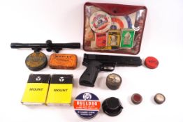 Vintage pellet tins, air rifle scope and mounts and a .