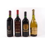 Three bottles of red wine: Cabernet Sauvignon, Claret Bordeaux Superier,