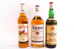 Six bottles of whisky : Teachers, Famous Grouse (x2) Genfiddich, Glenmorangie Ten Year malt,