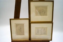 Three 19th century pencil sketches: woman at a spinning wheel, 11cm x 14.