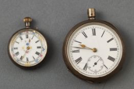 One open face pocket watch with white Roman numeral dial and additional second hand sweep.