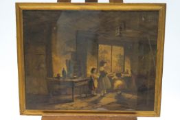 English School, 19th century, Three children in an interior, watercolour,