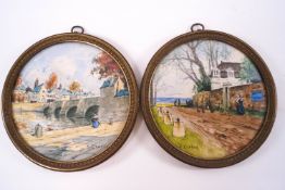 A pair of late 19th/early 20th century French miniature watercolours,