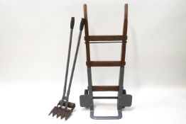 A refurbished sack truck/porters trolley together with a vintage pair of long handled grass cutters