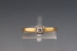 A yellow metal single stone old european cut diamond ring. Stamped 18ct & Plat Size: N 2.