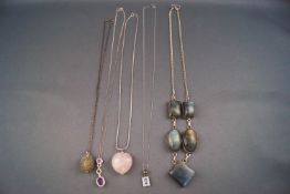 A selection of five silver necklaces to include a five stone labradorite centrepiece necklace,
