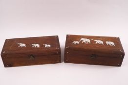 Two early 20th century Indian wooden boxes, inlaid with ivory elephants, 20.