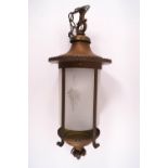 A Victorian style brass and acid etched cylindrical glass porch/ceiling lantern,
