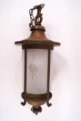 A Victorian style brass and acid etched cylindrical glass porch/ceiling lantern,