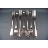 Seven silver fiddle pattern dessert forks, various dates and makers,