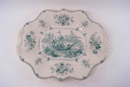A 19th century English porcelain oval platter, printed in grey with Chinoisere figures, 41cm wide,
