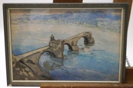 Mary Howard (Maidhi) McClintock (British), born 1888, Pont D'Avignon, coloured woodcut,