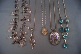 A selection of five silver gemset necklaces. All marked for 925 sterling silver Gross weight: 114.