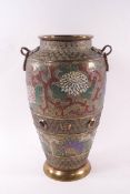 A Chinese champleve enamel and polished bronze vase with ring handles,