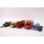 Five 1950s/60s Dinky die-cast vehicles: Supertoy Fire Engine, London bus, 30V N.C.