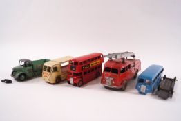Five 1950s/60s Dinky die-cast vehicles: Supertoy Fire Engine, London bus, 30V N.C.