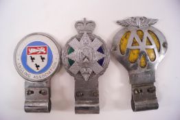 Three enamel car badges: Black Watch Regiment, Canterbury & District Angling Association,