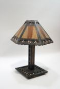 A porcupine quill and hardwood table lamp with bone inlay,