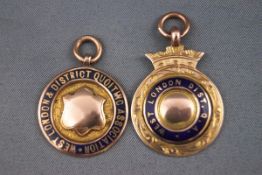 Two yellow metal enamelled medal pendants for the West London & District Quilting Association.