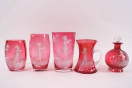 Five Victorian Mary Gregory style cranberry glass wares