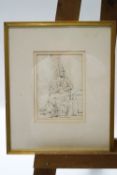 French School, 18th century, Figure of a seated Infantryman, sepia ink sketch,