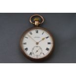 A 9ct gold open face pocket watch. white ceramic roman dial with small seconds.