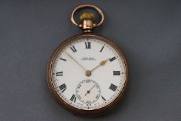 A 9ct gold open face pocket watch. white ceramic roman dial with small seconds.