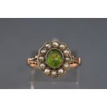 A late Victorian rose gold, pale green stone and half-pearl cluster ring,