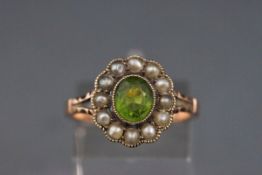 A late Victorian rose gold, pale green stone and half-pearl cluster ring,
