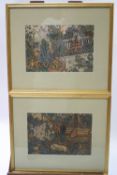 Balinese School, early 20th century figures and animals in a landscape, watercolours, a pair,