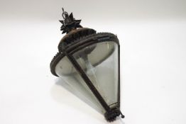 A Victorian iron hall lantern, of conical shape, converted to electricity,