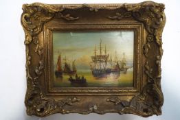 Lowell Dyer, Shipping in calm seas, oil on panel, signed lower right,