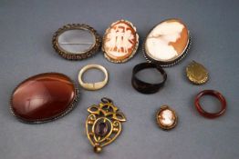A selection of jewellery to include two cameo brooches, one agate brooch,