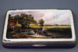 A silver and enamel rectangular box, the lid with Constable's Haywain scene,