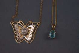 Two 9ct gold pendant and chain to include a yellow and white gold diamond set butterfly necklace