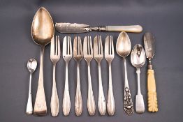 A George IV silver tablespoon by John Lambe, London 1814, a set of six Continental with metal forks,