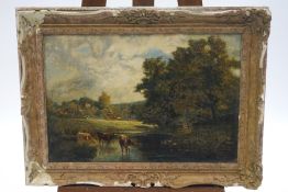 English School, late 19th century, Cattle in a landscape, oil on canvas laid on a panel, 39cm x 56.