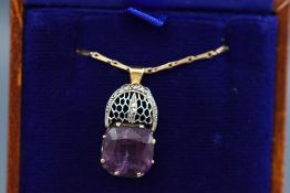 A Victorian old cut diamond and unusual synthetic colour change corundum necklace suspended from a